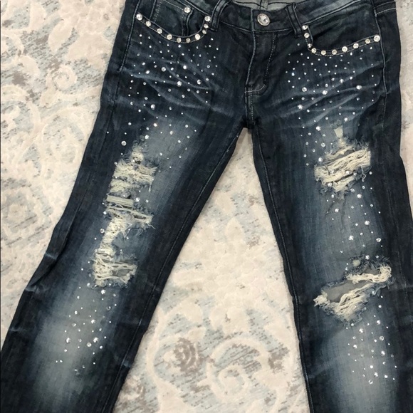 Machine Low Rise Embellished Distressed Jeans - Picture 2 of 5